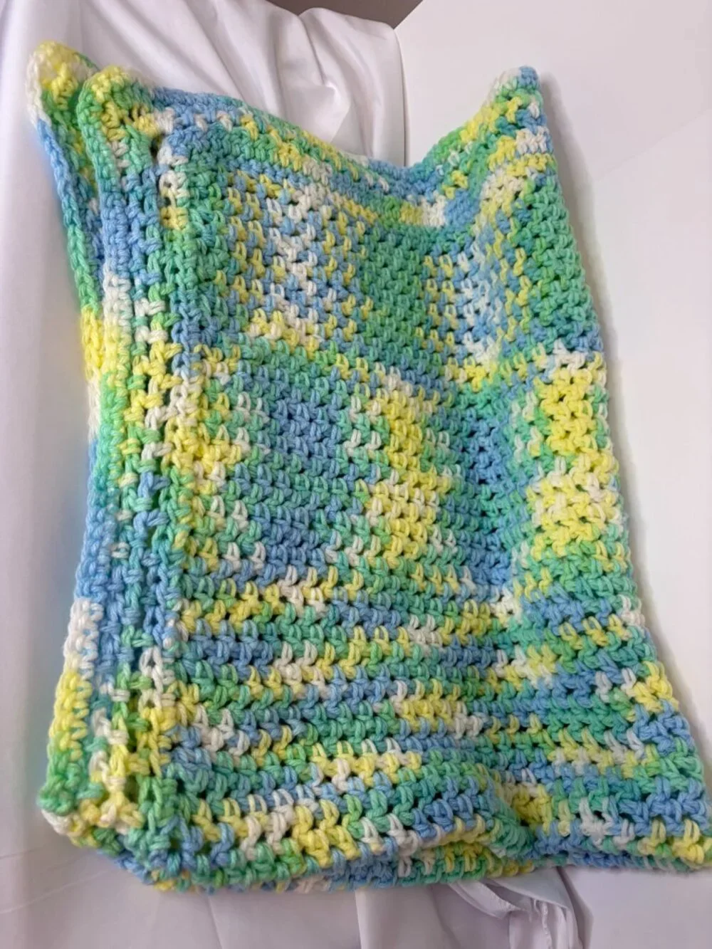 Handmade Crochet Baby Blanket Blue Green Yellow White Grandmacore Nursery Throw